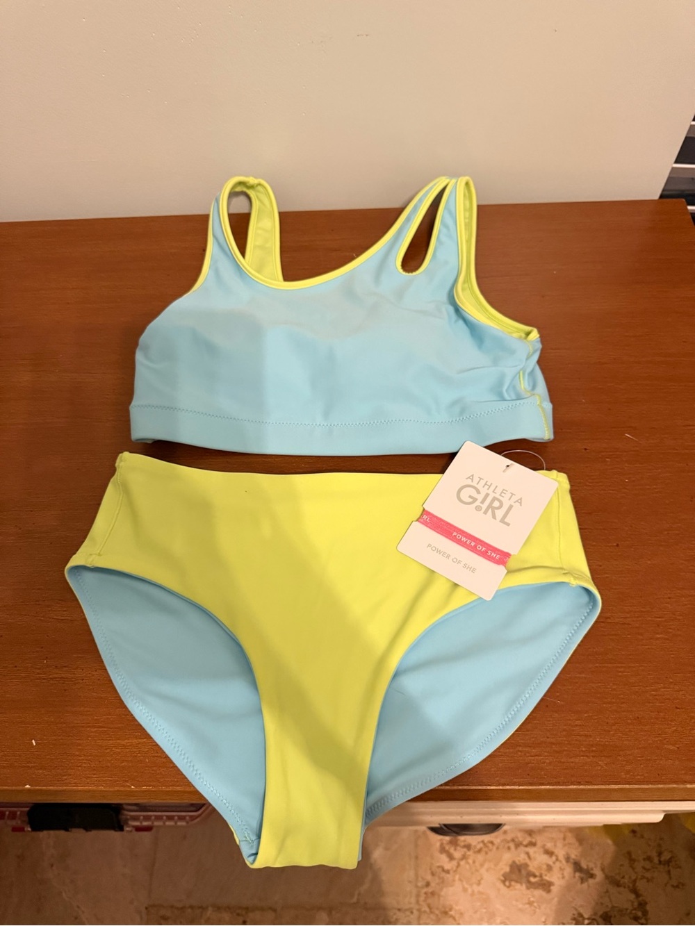 NWT Athleta Light Blue and Lime Girls Two-Piece Swim Set, Size XL/14